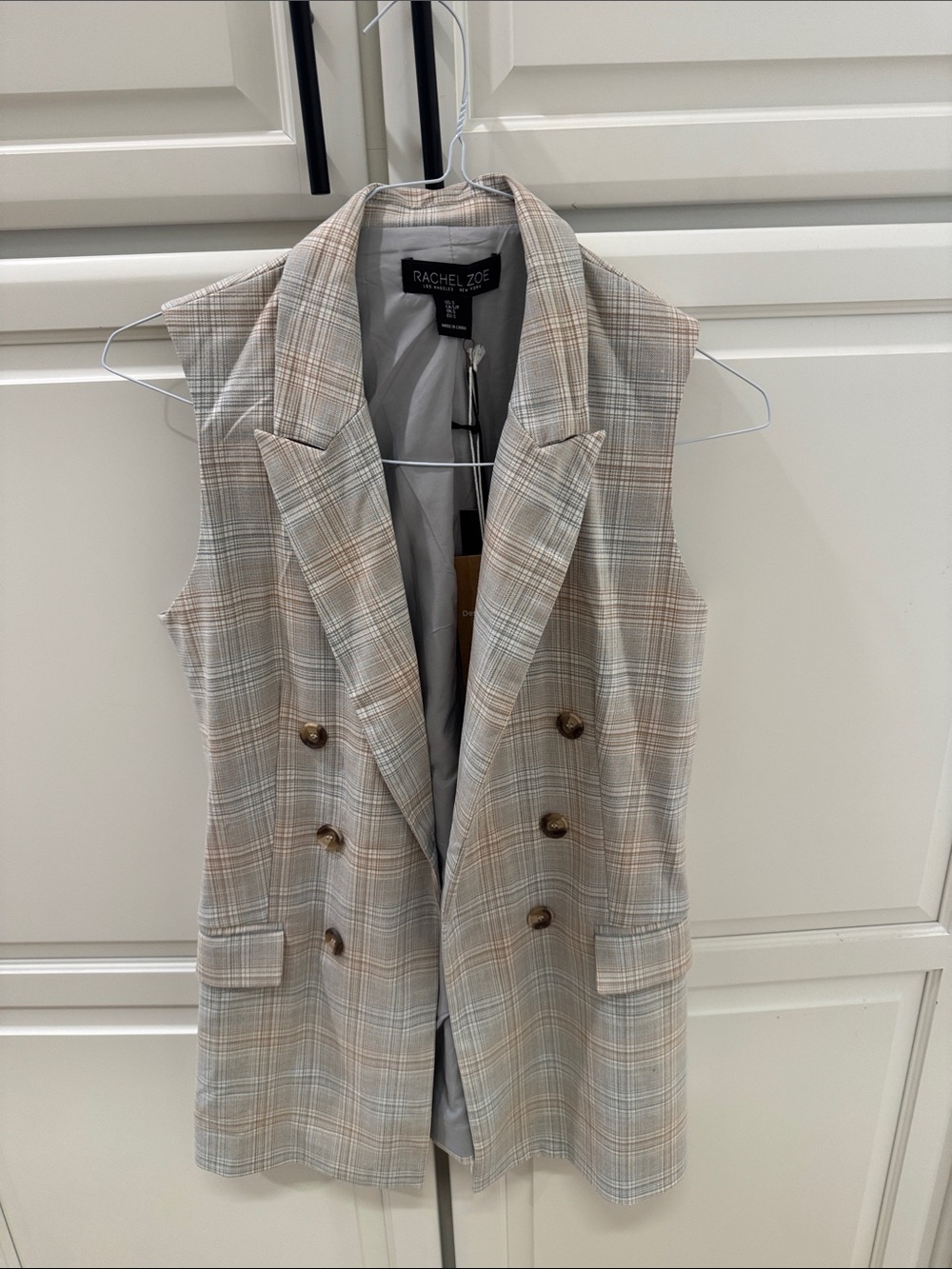 Rachel Zoe Beige Plaid Sleeveless Double-Breasted Blazer Vest